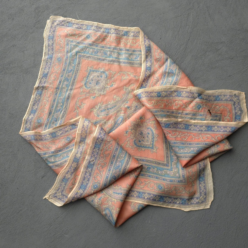 Vintage 1920s Pink Paisley Silk Scarf Distressed Antique